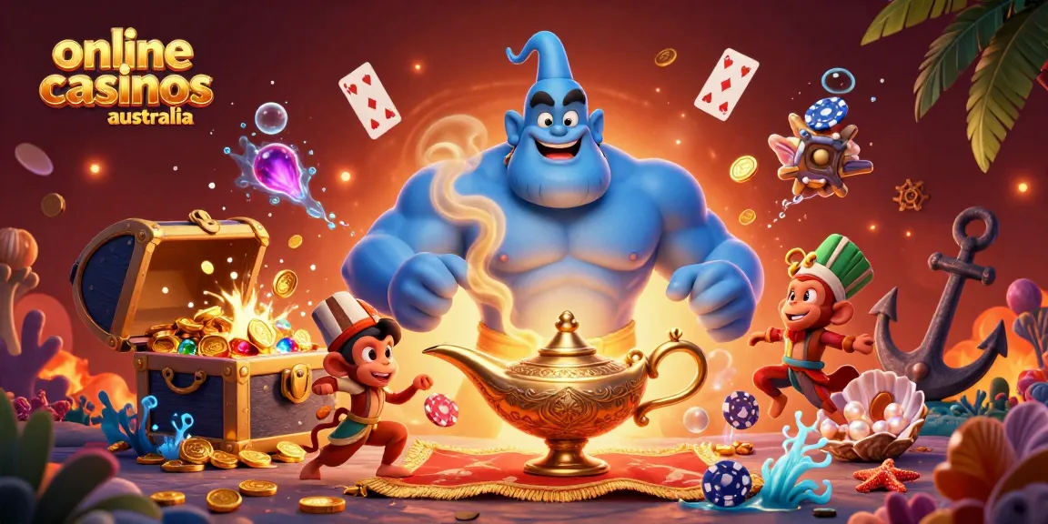 Experience online casinos Australia with a dynamic 3D genie illustration featuring vibrant casino elements.