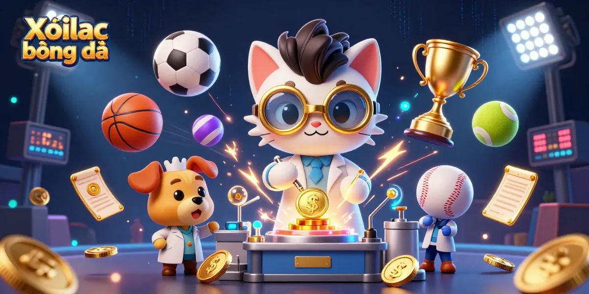 Xoilac bóng đá showcases a lively scene of a mad scientist cat and dog amid flying sports elements and gold coins.