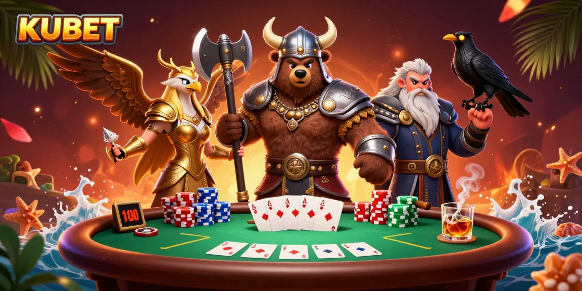 KUBET players engage in a vibrant poker scene with Viking warriors and rich game elements.
